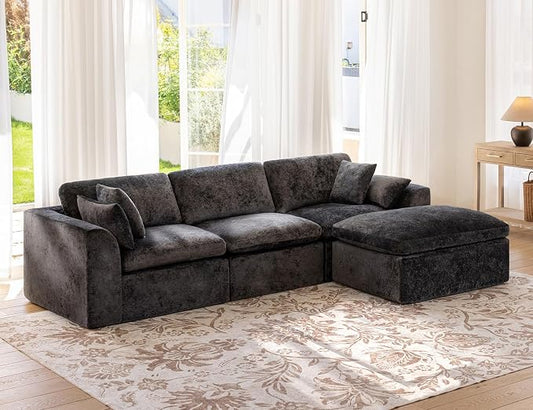 115" Modular Sectional Sofa – Modern Cloud Couch with Deep Chenille Seats, L-Shaped Boneless Sofa, Pet-Friendly, No Assembly, Gray (3 Seater + 1 Ottoman)
