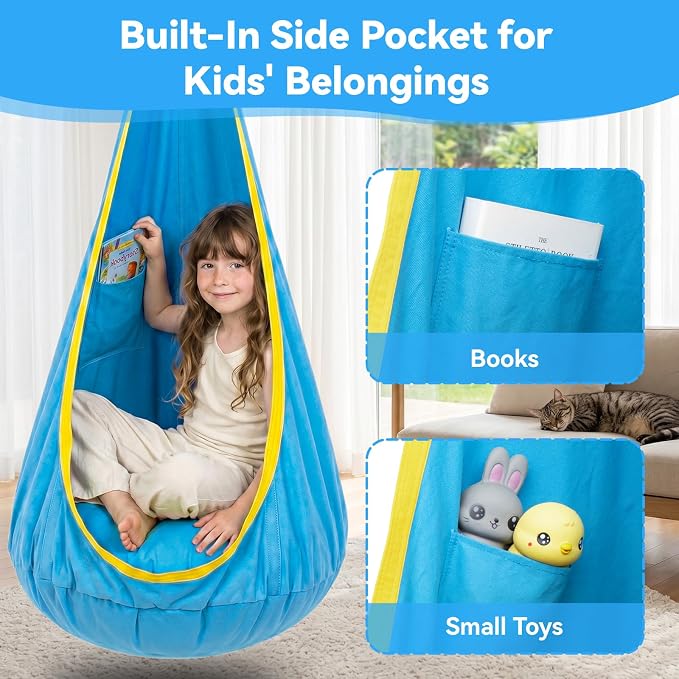 Y-STOP Kids Pod Swing Seat, Hanging Hammock Chair with Inflatable Pillow, Sensory Swing Chair with Pocket for Indoor and Outdoor (Blue Yellow)