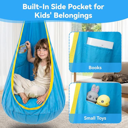 Y-STOP Kids Pod Swing Seat, Hanging Hammock Chair with Inflatable Pillow, Sensory Swing Chair with Pocket for Indoor and Outdoor (Blue Yellow)