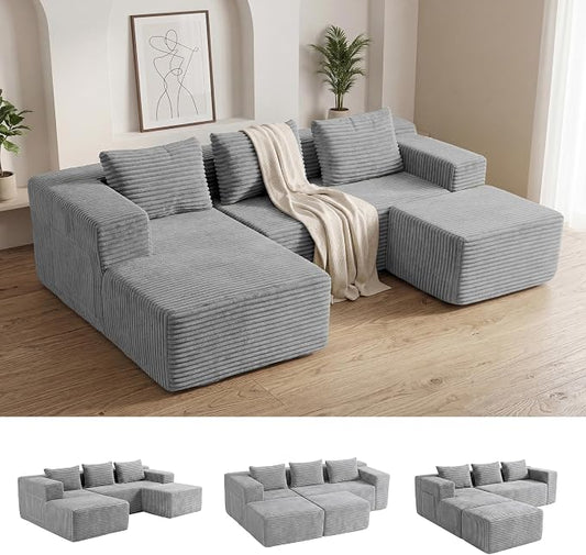 Modular Sectional U-Shaped Sofa with Deep Seat, Modern Boneless Comfy Corduroy Fluffy Couch with Side Pockets and Anti-Slip & Floor-Friendly Bottom for Living Room, No Assembly, Light Grey