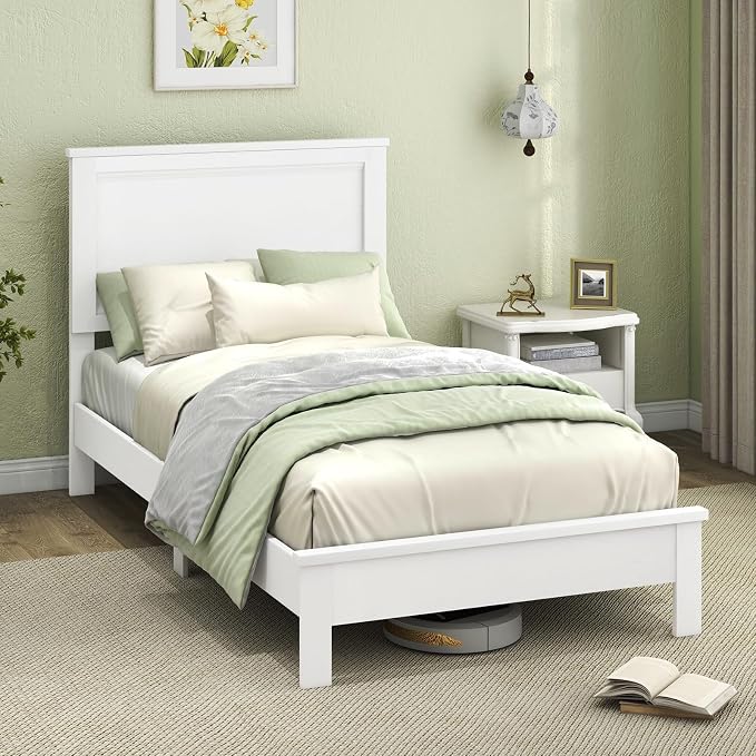 Giantex Wood Twin Bed Frames with Headboard, Mid Century Platform Bed Frame with Solid Wood Legs & Wooden Slat Support, Twin Bed Frames for Kids Adults, White Bed