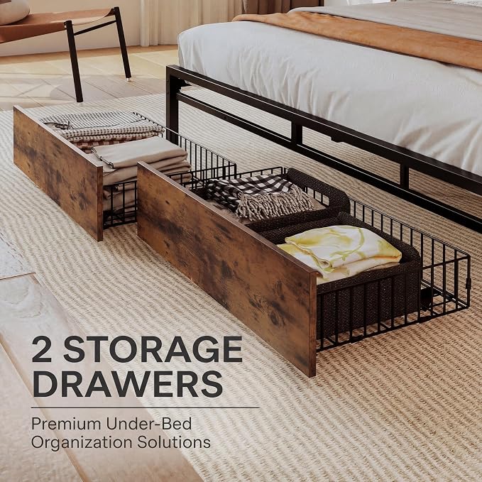 LIKIMIO King Size Bed Frame with Storage Headboard, Platform King Bed with 2 Drawers and Charging Station, Heavy-Duty Metal Slats, No Box Spring Needed, Easy Assembly, Retro Brown