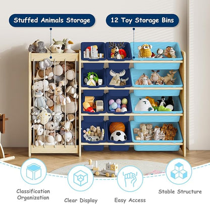 EXPERLAM Kids Toy Storage Organizer, 2-in-1 Stuffed Animal Storage & Toy Organizer w/12 Bins, Solid Wood Toy Rack Featuring Thicker Elastic Ropes, Playroom Nursery Bedroom Storage, Blue