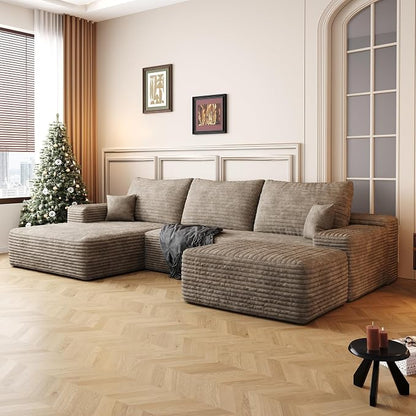107" U Shaped Cloud Corduroy Couch with Ottoman, Comfy Sectional Boneless Couches for Living Room Bedroom, Deep Seat Sleeper Compression Sofa, No Assembly, Left Facing Chaise, Camel