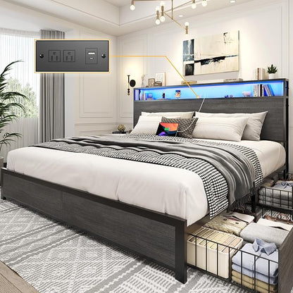 Lifezone King Bed Frame with 2-Tier Storage Headboard, Metal Platform Bed Frame with 4 Storage Drawers, Built in Charging Station & LED, Noise-Free/Metal Support/No Box Spring Needed, Rustic Grey