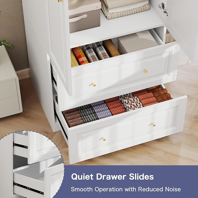 Armoire Wardrobe Closet with Drawers: 74" White Wardrobe with 2 Drawers, 2 Doors Bedroom Armoires with Hanging Rod, Tall Closet Cabinet for Hanging Clothes (31.5")