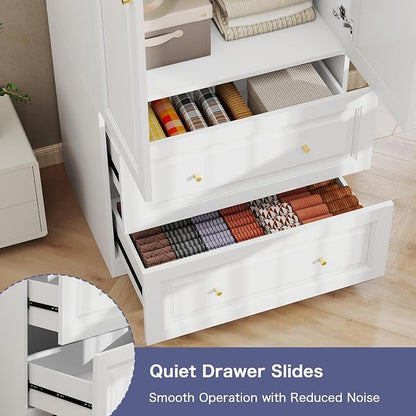 Armoire Wardrobe Closet with Drawers: 74" White Wardrobe with 2 Drawers, 2 Doors Bedroom Armoires with Hanging Rod, Tall Closet Cabinet for Hanging Clothes (31.5")