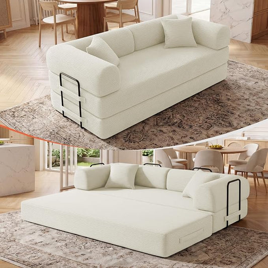 79" Convertible Sleeper Sofa Bed, Corduroy Boneless Fold-Out Couch in a Box, 4-in-1 Loveseat/Futon Couch, High-Density Foam, No Assembly, Side Pockets, 2 Pillows for Small Spaces, White