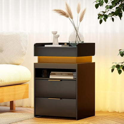 Black Nightstand Set of 2 with Charging Station, Hidden Sliding Top Compartment with USB-C, 2 USB Ports & 2 Outlets, Modern Night Stand with Drawers for Bedroom