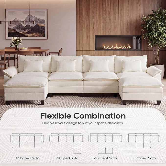 URRED Oversized Modular Sectional Sofa, 157" U Shaped Modern Comfy Cloud Couch with Movable Ottoman & Pillows, Deep Seat Couches for Living Room, Bedroom or Apartment (Chenille Beige, 157" U Shaped)