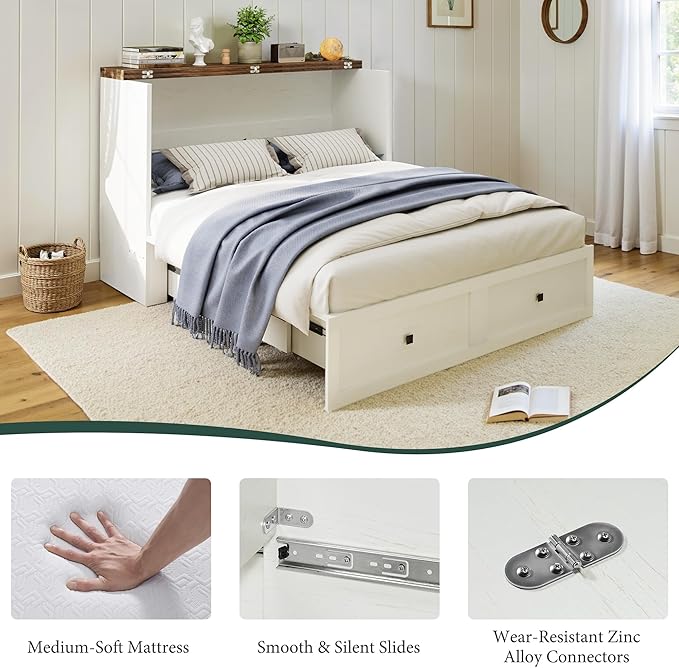 LUXOAK Full Murphy Bed with 6" Tri-Fold Memory Foam Mattress, Storage Drawer & Charging Station, Space-Saving Design for Home Office or Guest Room, White