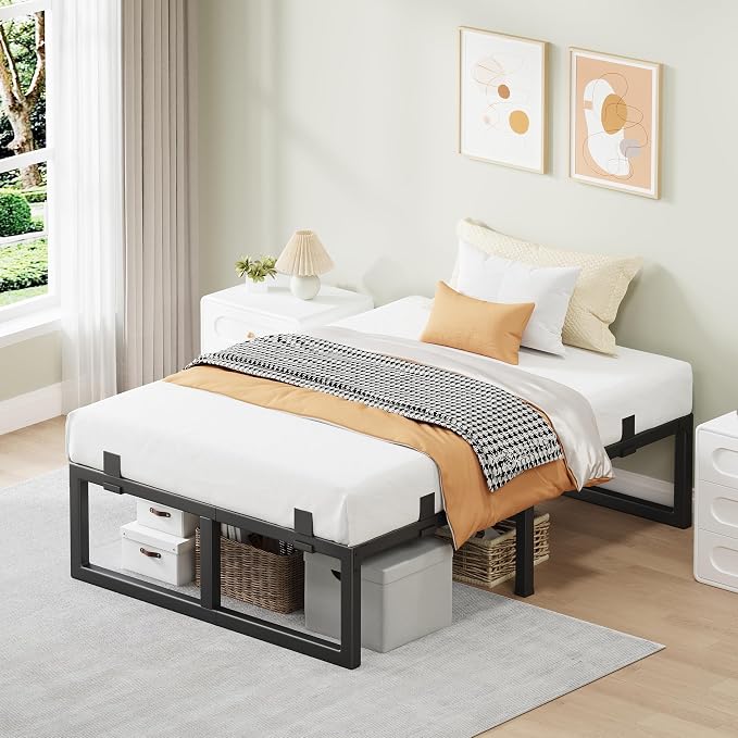 Twin Bed Frames, 18 Inch Metal Platform Bed Frame with Squeak Free U-Slot Design, 6 Non-Slip Guards, 3500lbs Heavy Duty Steel Slat Support, No Box Spring Needed, Under Bed Storage, Black