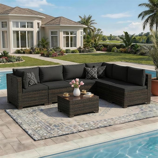 LAFWELL 7 Pieces Outdoor Patio Furniture Sets,Rattan Conversation Sectional Set,Manual Weaving Wicker Patio Sofa with Tea Table