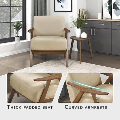 Lexicon Mid Century Modern Accent Chair with Solid Wood Frame in Walnut Finish, Upholstered Living Room Lounge Arm Chair, Thick and Comfy Innerspring Seat Cushion, Linen-Look Fabric, Light Brown