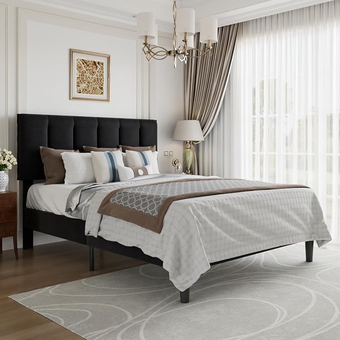 VECELO Full Bed Frame with Upholstered Headboard, Heavy-Duty Platform Bedframe with Strong Wooden Slats Support, No Boxing Spring Needed, Velvet & Black