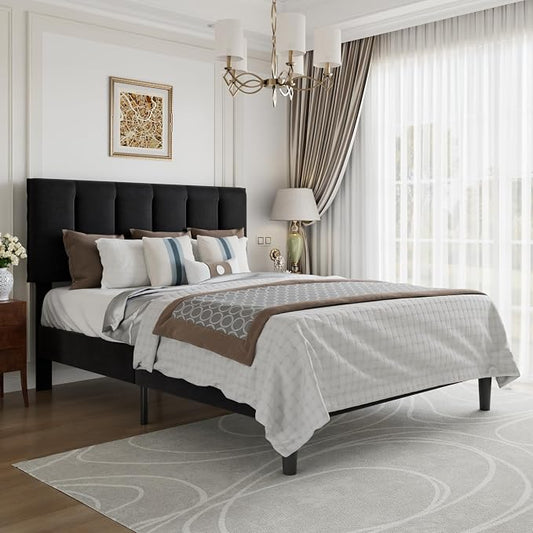 VECELO Queen Bed Frame, Velvet & Black | Upholstered Headboard, Heavy-duty Platform, Strong Wooden Slats Support, No Box Spring Needed