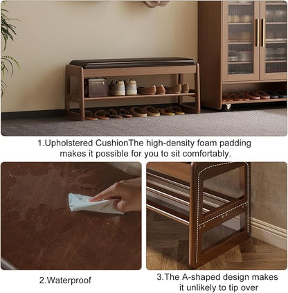 AQIMUELE Shoe Rack Bench,2 Tiers Shoe Bench with Storage with Flip-Top,Wood Shoe Rack for Entryway,Hallway（Dark Walnut Upholstered Seat,11.8" D x 39.3" W x 15.7" H）
