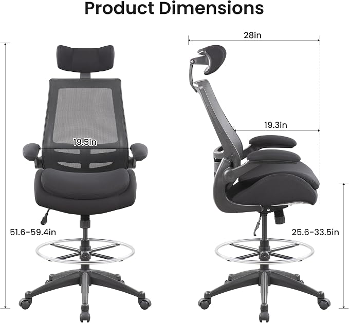 BOLISS Big and Tall Drafting Chair 400lbs - High Back Ergonomic Office Chair for Standing Desk with Double Thick Seat Cushion, Adjustable Foot Ring, Lumbar Support & Flip Up Armrests (Black)