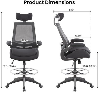 BOLISS Big and Tall Drafting Chair 400lbs - High Back Ergonomic Office Chair for Standing Desk with Double Thick Seat Cushion, Adjustable Foot Ring, Lumbar Support & Flip Up Armrests (Black)