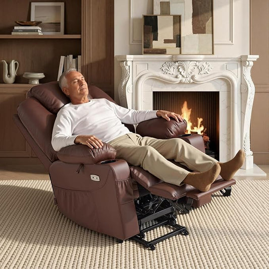 MCombo Large Power Lift Recliner Chair with Massage and Heat for Tall Elderly People, 3 Positions, Cup Holders, and USB Ports, Faux Leather 7516 (Large, Light Brown)