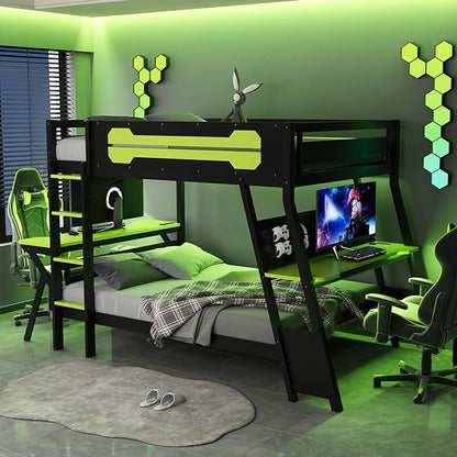 Merax Wooden Full Over Full Bunk Bed with 2 Side Desks, USB Desktop Ports and Pegboard Organizer, Gaming Bunk Bed for Gamer, Kids or Teens, No Box Spring Needed, Green