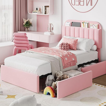 IDEALHOUSE Twin XL Bed Frame for Kids, Boucle Upholstered Platform Bed for Girls with 2 Flexible Drawers, Bookcase Headboard, Noise-Free, Easy Assembly, No Box Spring Needed, Pink