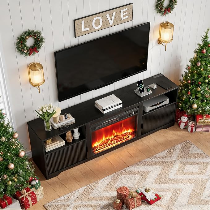 Mxtxmy Fireplace TV Stand for Television up to 80 Inch,Entertainment Center with Adjustable Shelf,Mid-Century Modern Fluted TV Stand with 23" Electric Fireplace,Media Console for Living Room,Bedroom