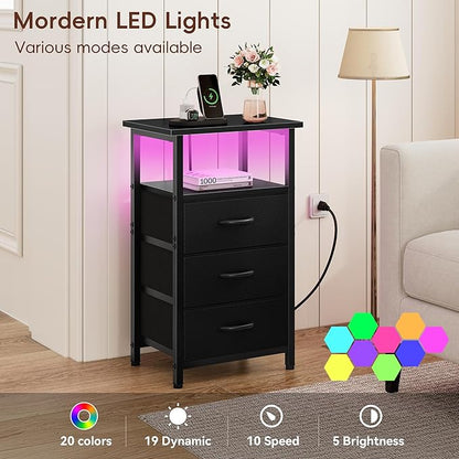 Vagusicc Night Stand Set 2 with Charging Station, LED Nightstand for Bedroom, Bedside Table with 3 Fabric Drawers, End Table Side Table with USB Ports & Outlets, Bed Side Table for Bedroom, Black