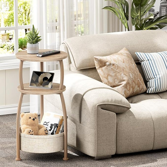 Small Side Table with Storage Basket, Space Saving Round End Table 3-Tier Bedside Corner Stand for Living Room, Bedroom, Garden and More 11.81in Light Oak
