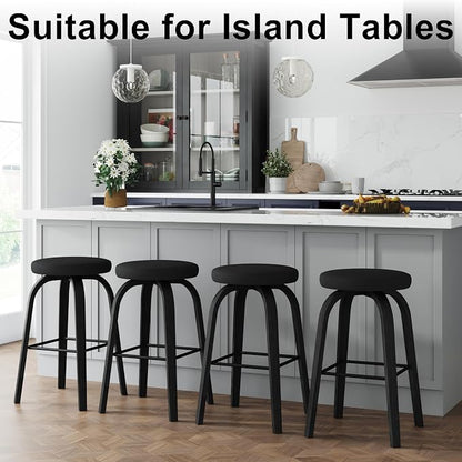 Bar Stools Set of 2, Counter Height Backless Bar Stools, 30" Swivel Barstools Kitchen Chair with Upholstered Fabric Seat, All Black