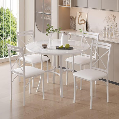 VECELO 36" Round Dining Table for 4, Faux Marble Dinette with Metal Frame for Kitchen, Apartment, Home, Space-Saving, Off White