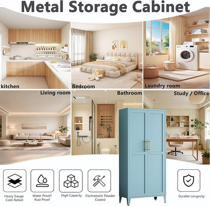 Lockable 61 Inch Tall Metal Storage Cabinet,2-Door Metal Pantry Cabinet with Adjustable Shelves, 4-Tier Steel Storage Locker for Bedroom Kitchen, Home Blue 61" H X 27.6" W X 13.8" D