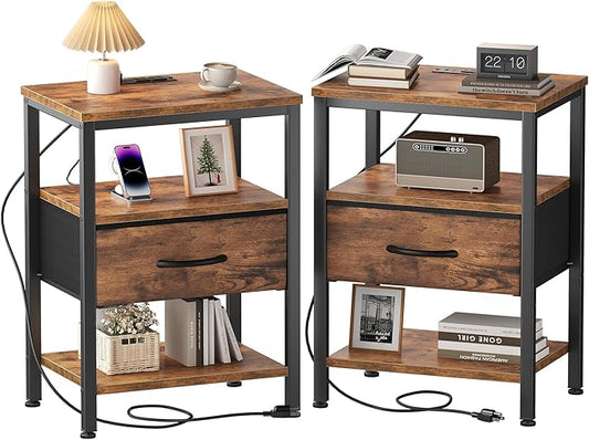 DUMOS 3-Tier Storage, Bed Side Tables with Wireless Charging Station, End Tables with Adjustable Fabric Drawers, Nightstand Set of 2, Modern Design, Brown