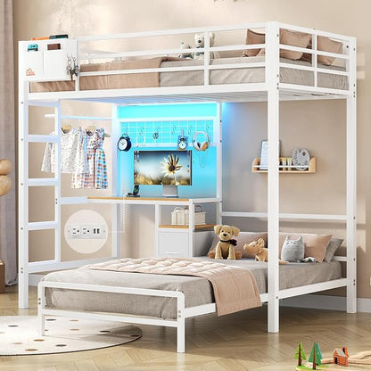 DICTAC Twin Over Twin Bunk Bed with Desk,Led Lights and Charging Station Metal L-Shaped Bunk Beds with Storage Drawers and Shelves, Loft Bed with Safety Guardrail and Ladder for Kids and Teen,White