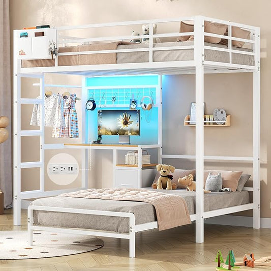 DICTAC Twin Over Twin Bunk Bed with Desk,Led Lights and Charging Station Metal L-Shaped Bunk Beds with Storage Drawers and Shelves, Loft Bed with Safety Guardrail and Ladder for Kids and Teen,White