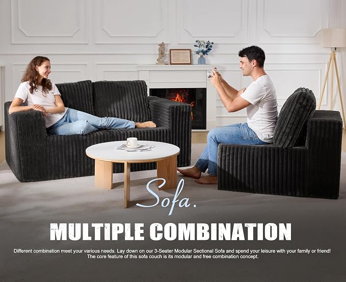 Modular Sectional Sofa 3-Seater Modular Couch with Deep Seat Memory Foam Cloud Chair with Pillows Oversized Sectional Sofa for Living Room Bedroom (Strip Grey, 3-Seater)
