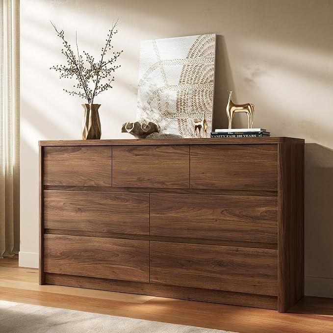 3 Pieces Bedroom Set, 55 Inch Width 7-Drawer Dresser & 2-Drawer Nightstands Set of 2,Nightstand with USB Nightstand with USB&Type C Charging Station&Outlets,Modern Design for Bedroom, Walnut