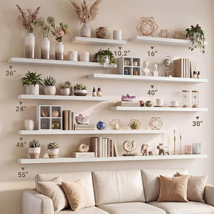 Vivelove 10 in Deep Floating Shelves for Wall, 40" x 10.2" x 1.5" Shelves for Room Wall Mounted, 1.5 Inch Thick Shelf for Bathroom Bedroom Kitchen Book Room, Modern Farmhouse Decor, Set of 2, White