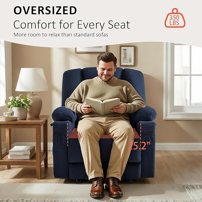 MCombo Oversized Zero Gravity Recliner Chair with Heating and Massage, Power Recliner for Big and Tall with USB & Type C Ports, Cup Holders for Living Room 8017 (Navy Blue, Oversized)