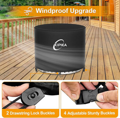 Kipiea Round Fire Pit Cover for Solo Stove Yukon Super Waterproof, 28" D x16" H Smokeless Fire Pit Cover, Upgraded 600D Strong Tear and UV Resistant, Black