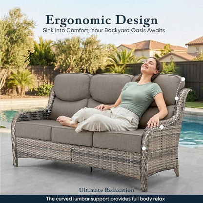 Belord Luxury 6" Thick Cushioned PE Wicker 3-Seater Outdoor Couch, All-Weather Comfortable Modern Patio Sofa, High Back Deep Seat Woven Outdoor Furniture for Porch Balcony, Lawn, Deck - GreyGrey