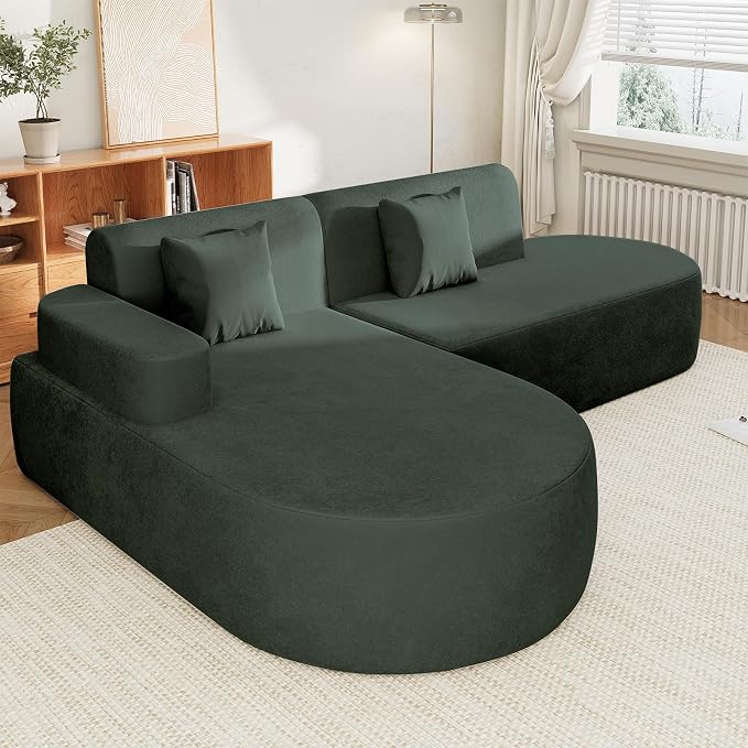 MELLCOM Modern 93" Curved Boneless Sofa Couch, L-Shaped Corner Sofa, No Assembly Needed, Chenille Upholstered Cloud Sectional Couch for Living Room, Bedroom and Apartment (Green, Left Hand Facing)
