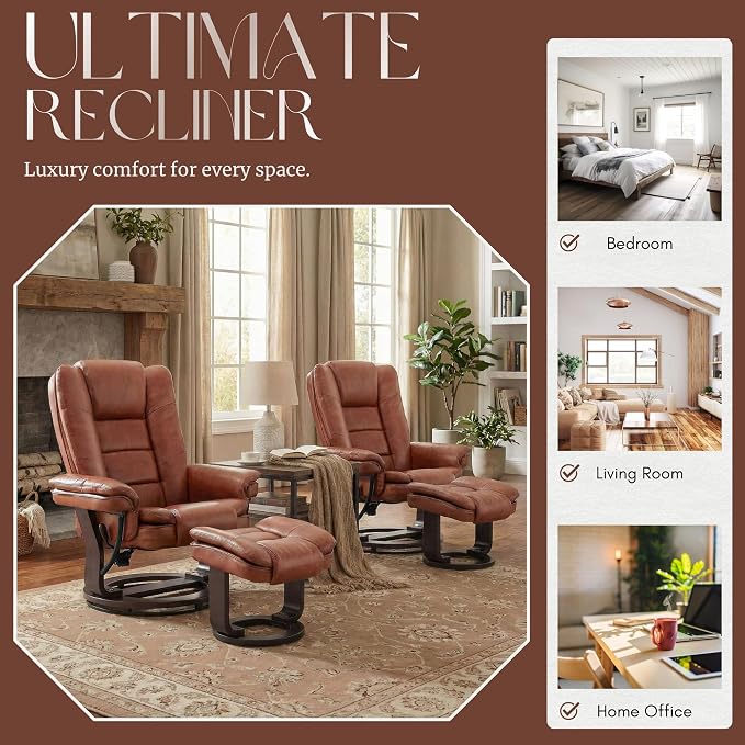 Swivel Recliner Chair with Ottoman Reclining Lounge Sofa Footrest, Set of 1 | 360°Sturdy Wood Base, Soft PU Leather, Upholstered Ultra-Plush Foam, Modern Armchair, Living Room Bedroom Office Reading Home