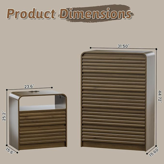 Dresser and Nightstand Sets for Bedroom, 3 Pcs Bedroom Set, Fluted 5 Drawer Dresser with Curved Profile and Night Stand Set of 2 with Charging Station, Wood Chest of Drawers, Walnut