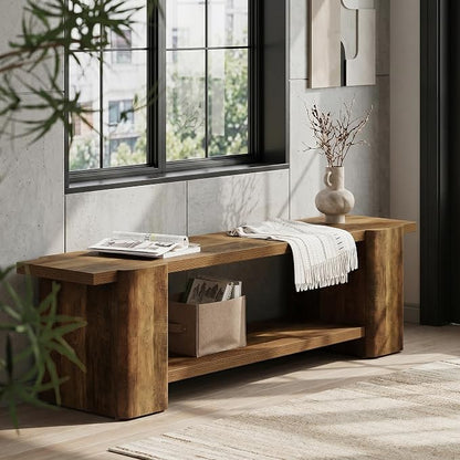 LITTLE TREE Entryway Bench, 63" Long Bench with Storage Shelf, Farmhouse End of Bed Bench, Bench for Bedroom, Dining Room, Living Room, Entryway, Hallway, Reinforced Legs, Brown
