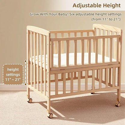 Flwrgirl Convertible Mini Baby Crib - Portable Bedside Bassinet with Mattress Included,3 Heights Baby Crib with Wheels for Small Room and Newborns 0-12 Months,Unpainted