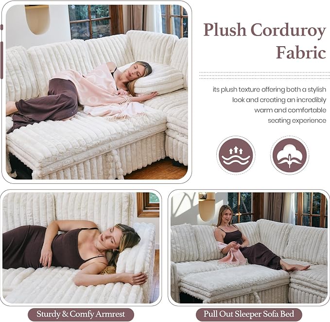 Belffin Corduroy Modular Sectional Sleeper Sofa with Pull Out Bed Small Sectional Couches with Storage for Living Room Apartment Couch. Beige Couch
