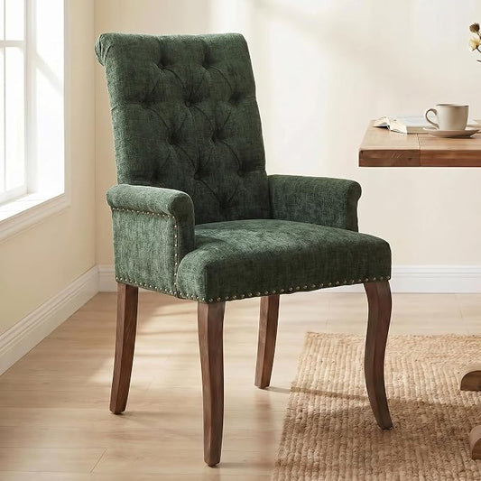 Upholstered Dining Chairs with Arms, Olive Green, 1 Pack | Tufted Chenille Kitchen Chairs with Arms, Modern Farmhouse Armchair with Nailhead Trim for Dining Room, Home Office