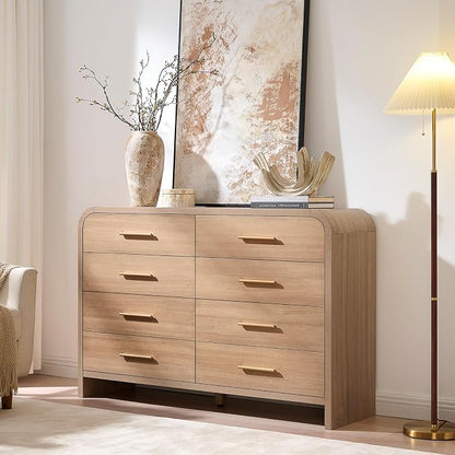 Curved 8 Drawer Dresser for Bedroom, 53.82'' Wide Chest of Drawers, Modern Storage Cabinet for Hallway & Living Room TV Stand, FSC Certified 1.18" Thick Board, 100 lbs Top Weight, Oak
