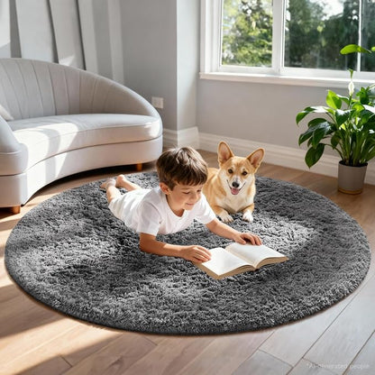 Ophanie Round Rug 6Ft Grey Circle Area Rugs,Fluffy Fuzzy Large Bedroom Carpet 6 Foot,Plush Shag Solid Indoor Floor Gray Living Room Circular Decor for Kids Teen Boys Baby,with Over 99 pcs Pile fibers
